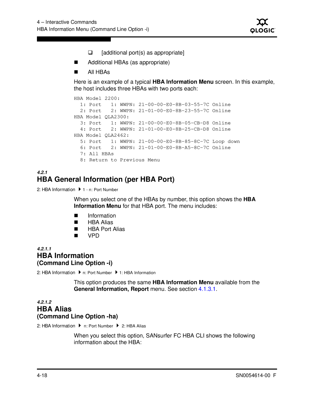 Q-Logic FC HBA CLI manual HBA General Information per HBA Port, HBA Information, HBA Alias, Command Line Option -ha 