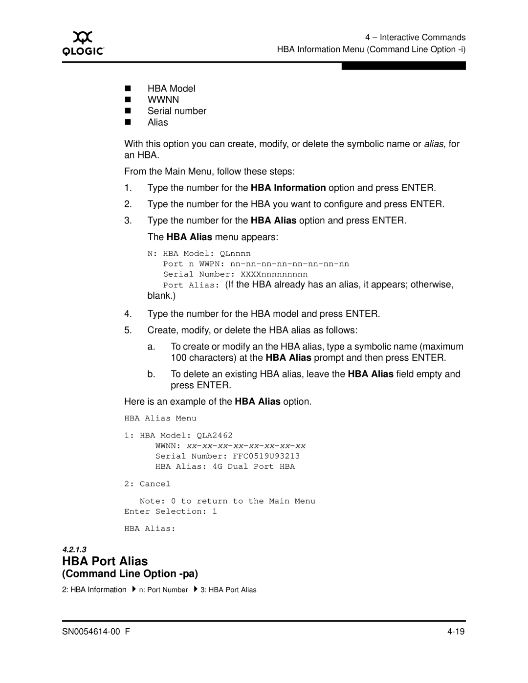 Q-Logic FC HBA CLI manual HBA Port Alias, Command Line Option -pa 