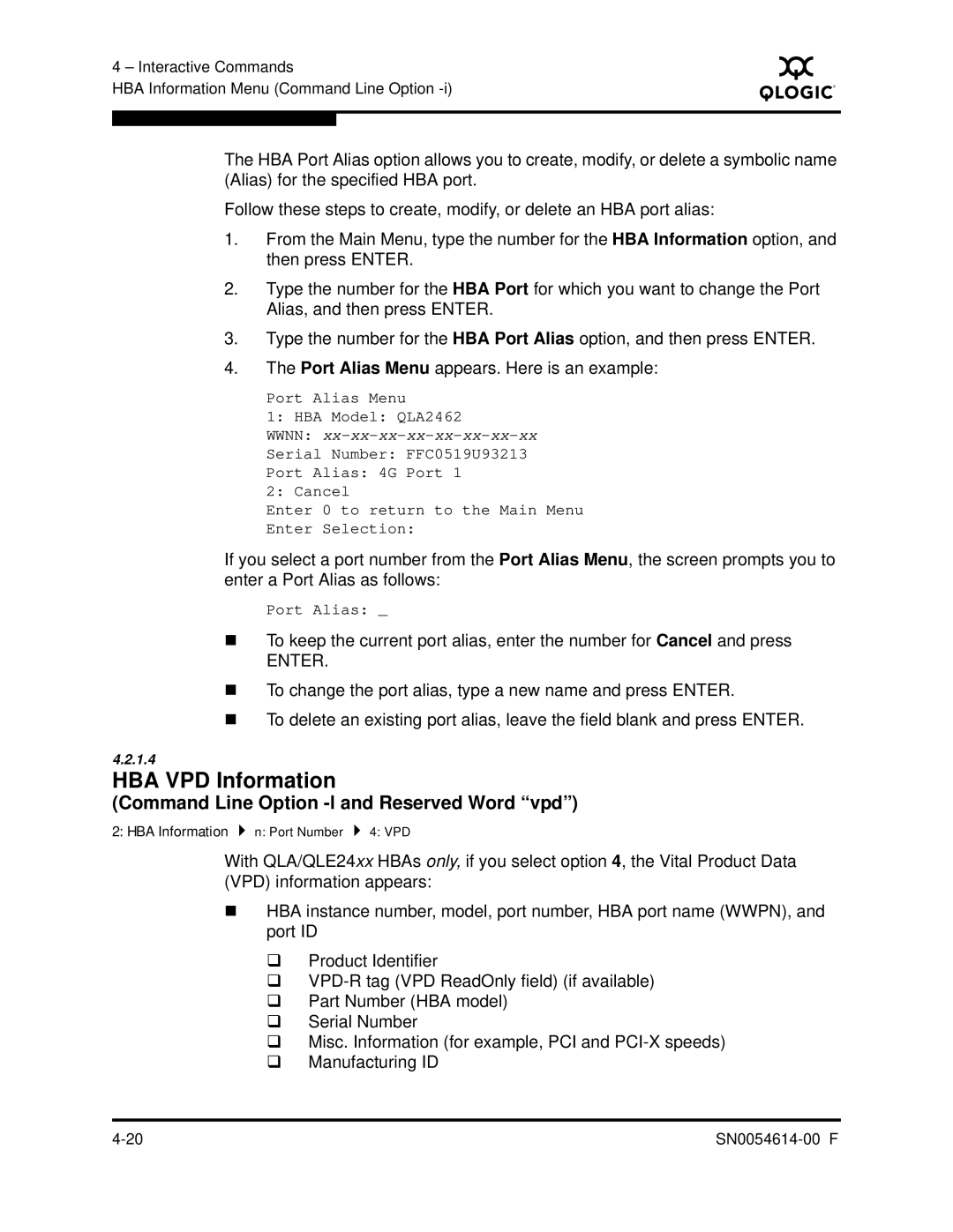 Q-Logic FC HBA CLI manual HBA VPD Information, Command Line Option -l and Reserved Word vpd 