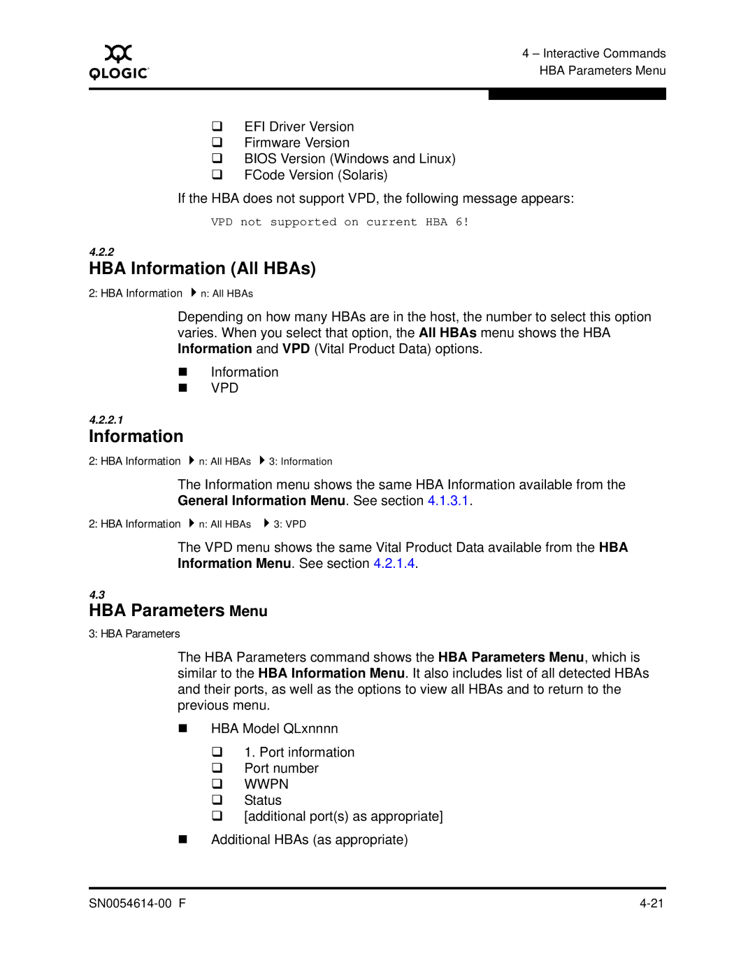 Q-Logic FC HBA CLI manual HBA Information All HBAs, HBA Parameters Menu, HBA Information n All HBAs 