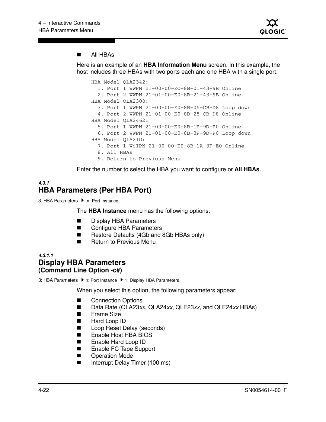 Q-Logic FC HBA CLI manual HBA Parameters Per HBA Port, Display HBA Parameters, Command Line Option -c# 