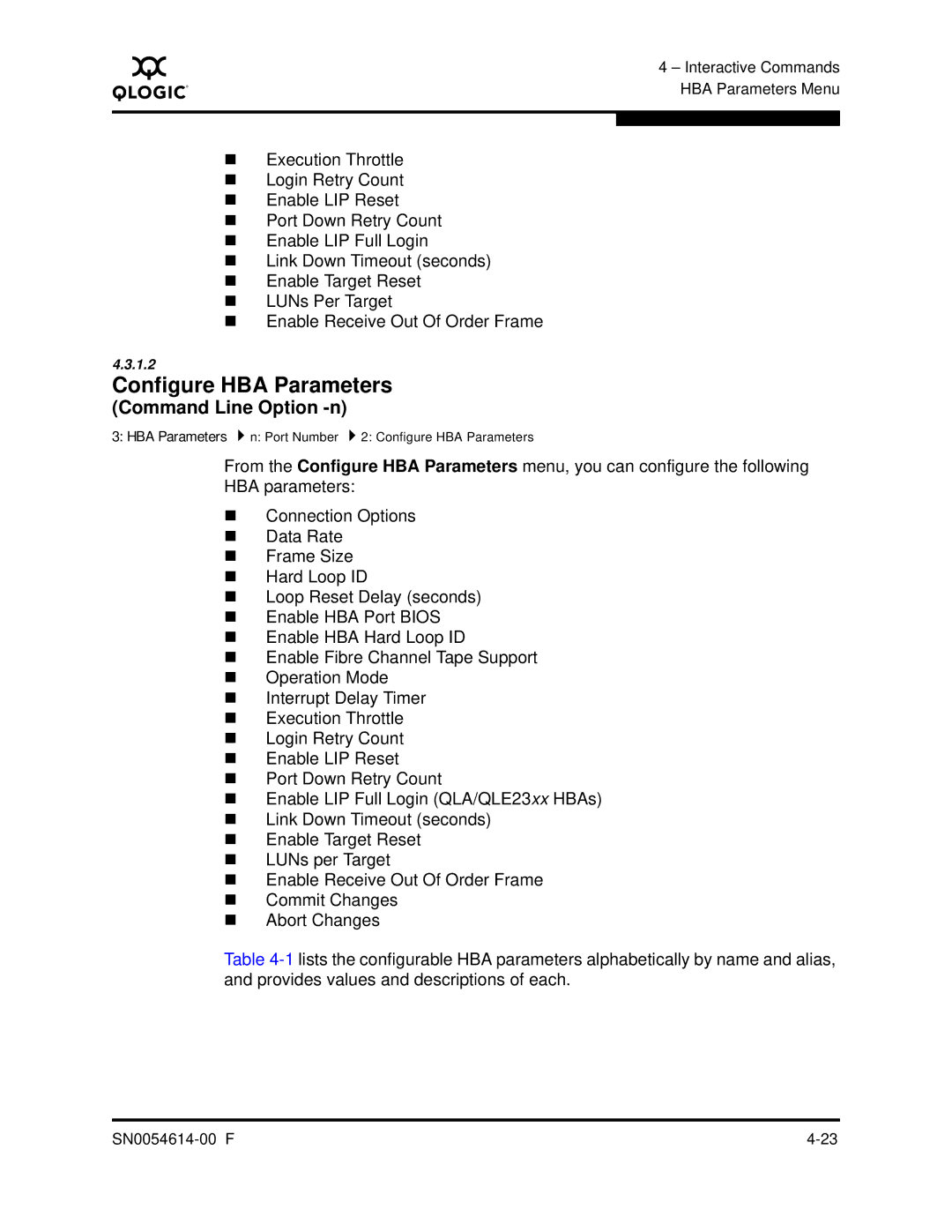 Q-Logic FC HBA CLI manual Configure HBA Parameters, Command Line Option -n 