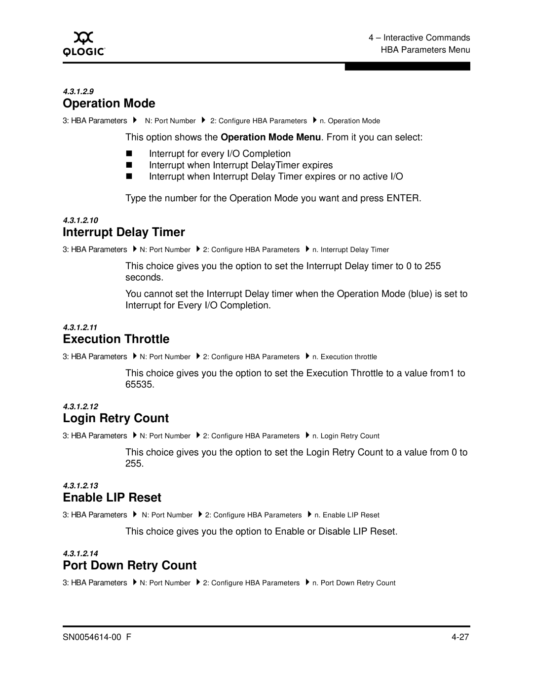 Q-Logic FC HBA CLI manual Operation Mode, Interrupt Delay Timer, Execution Throttle, Login Retry Count, Enable LIP Reset 