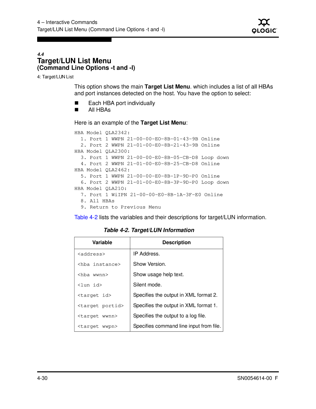 Q-Logic FC HBA CLI Target/LUN List Menu, Command Line Options -t and -l, Target/LUN Information, Variable Description 