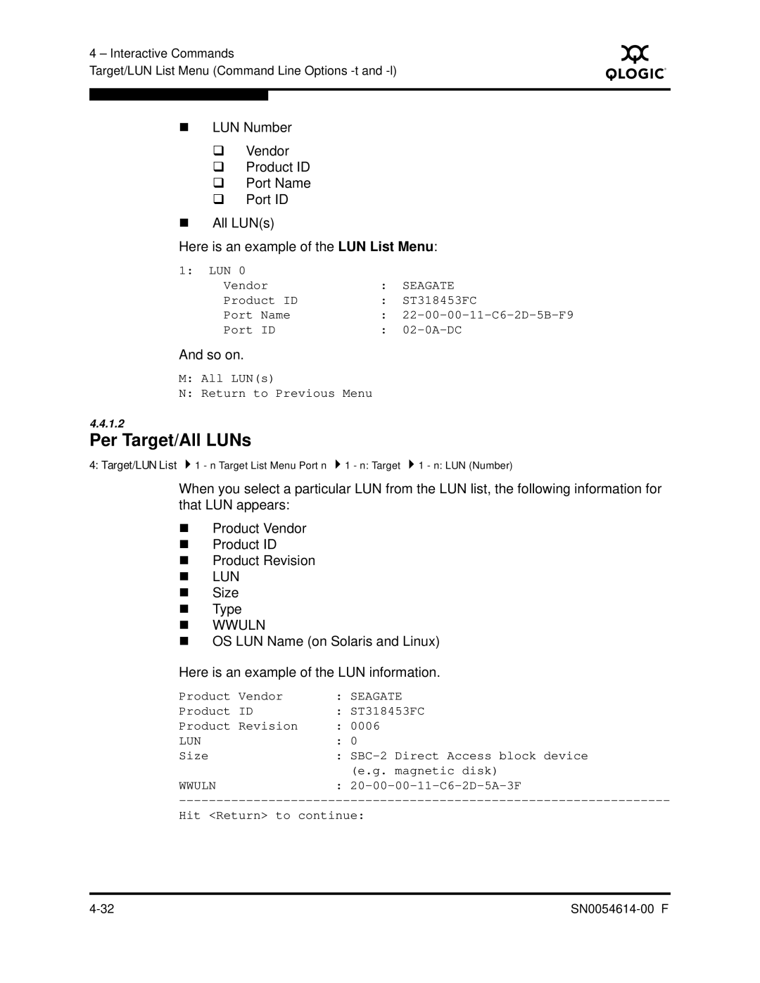 Q-Logic FC HBA CLI manual Per Target/All LUNs, So on, „ Size „ Type 