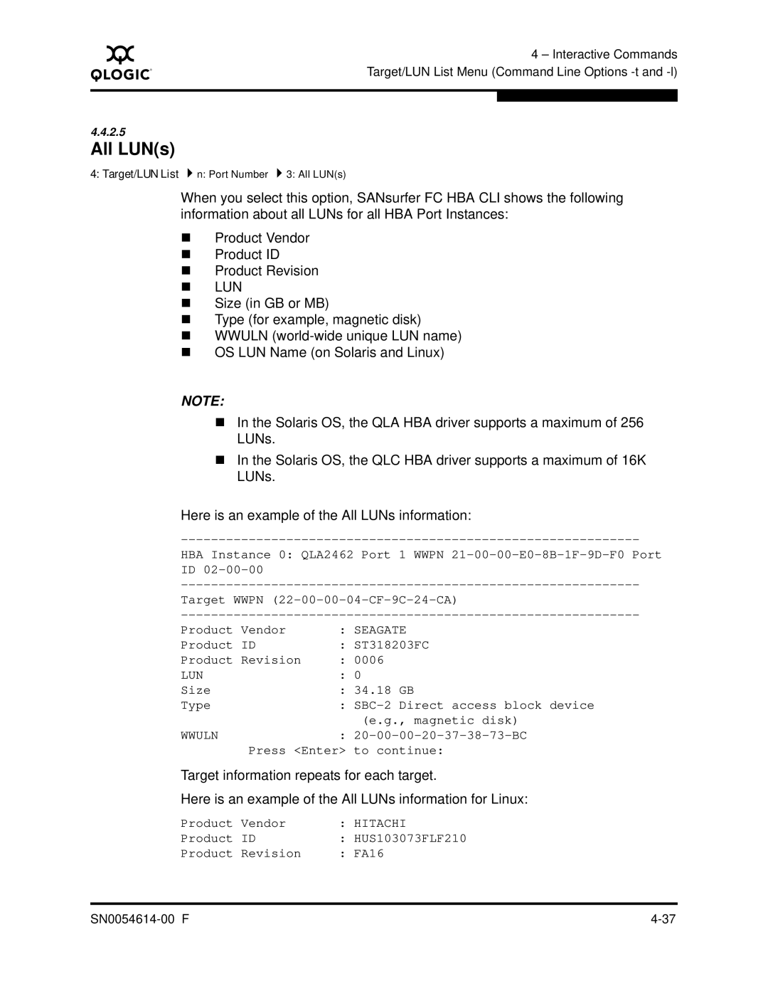 Q-Logic FC HBA CLI manual All LUNs, Hitachi 