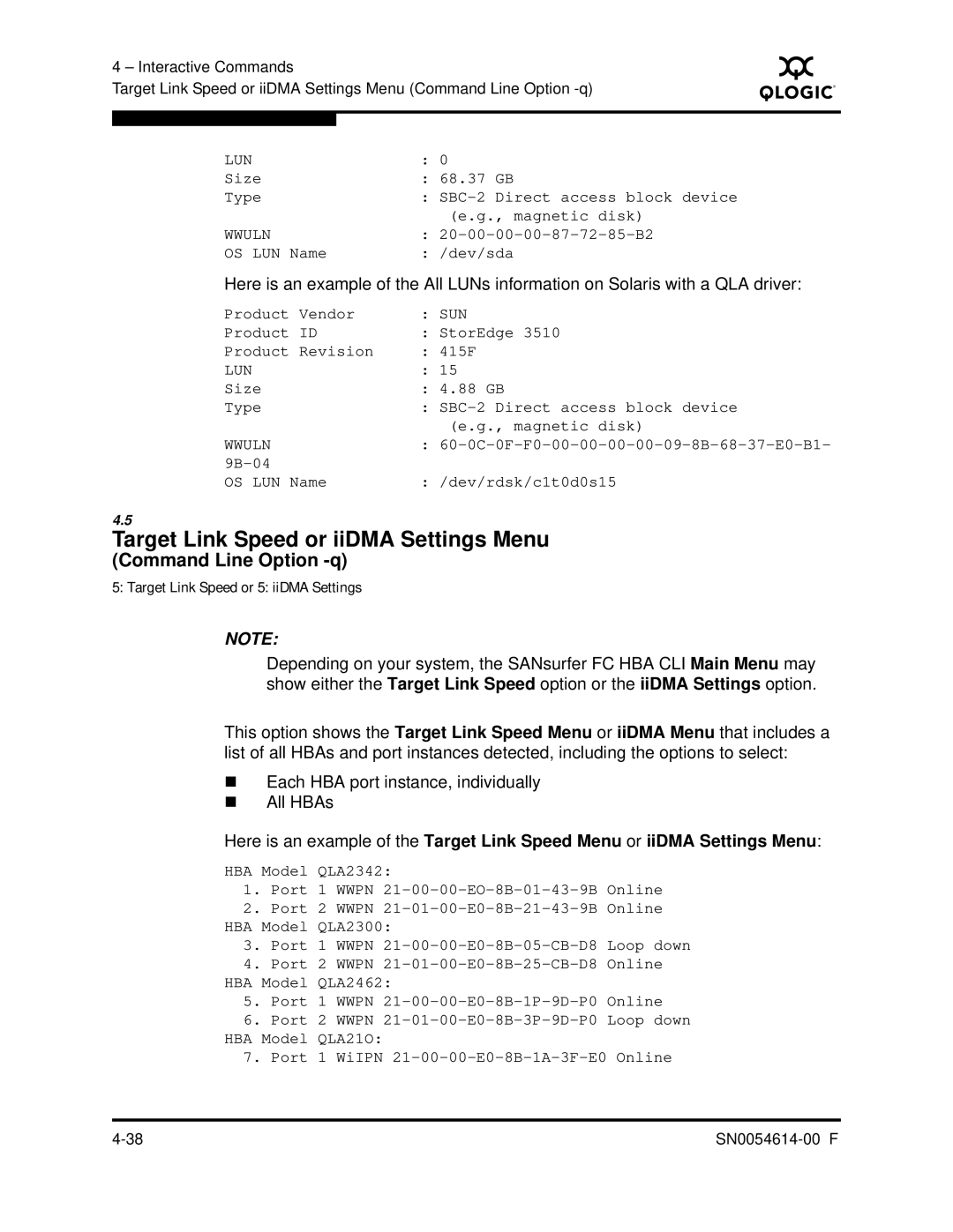 Q-Logic FC HBA CLI Target Link Speed or iiDMA Settings Menu, Command Line Option -q, Target Link Speed or 5 iiDMA Settings 