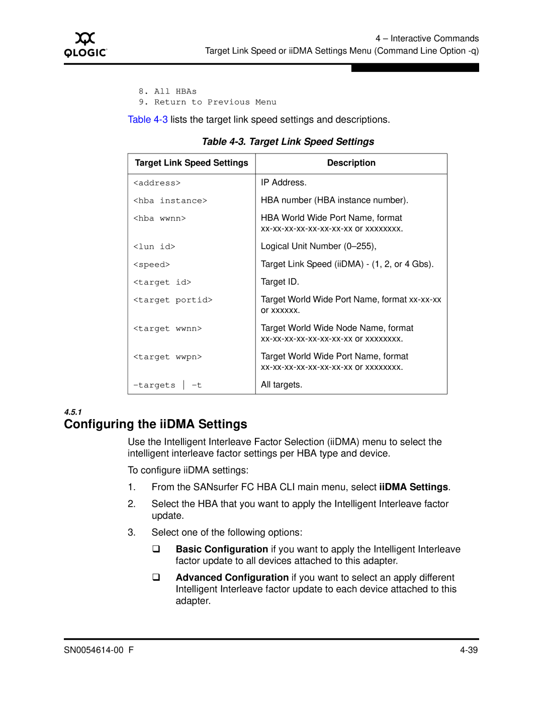 Q-Logic FC HBA CLI manual Configuring the iiDMA Settings, 3lists the target link speed settings and descriptions 