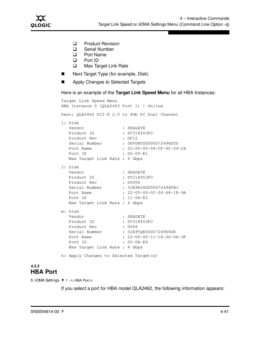 Q-Logic FC HBA CLI manual IiDMA Settings 1 n HBA Port n 