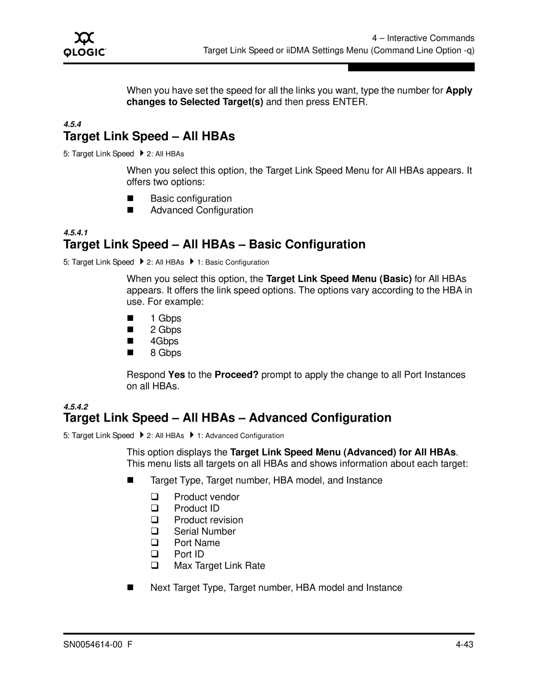 Q-Logic FC HBA CLI Target Link Speed All HBAs Basic Configuration, Target Link Speed All HBAs Advanced Configuration 