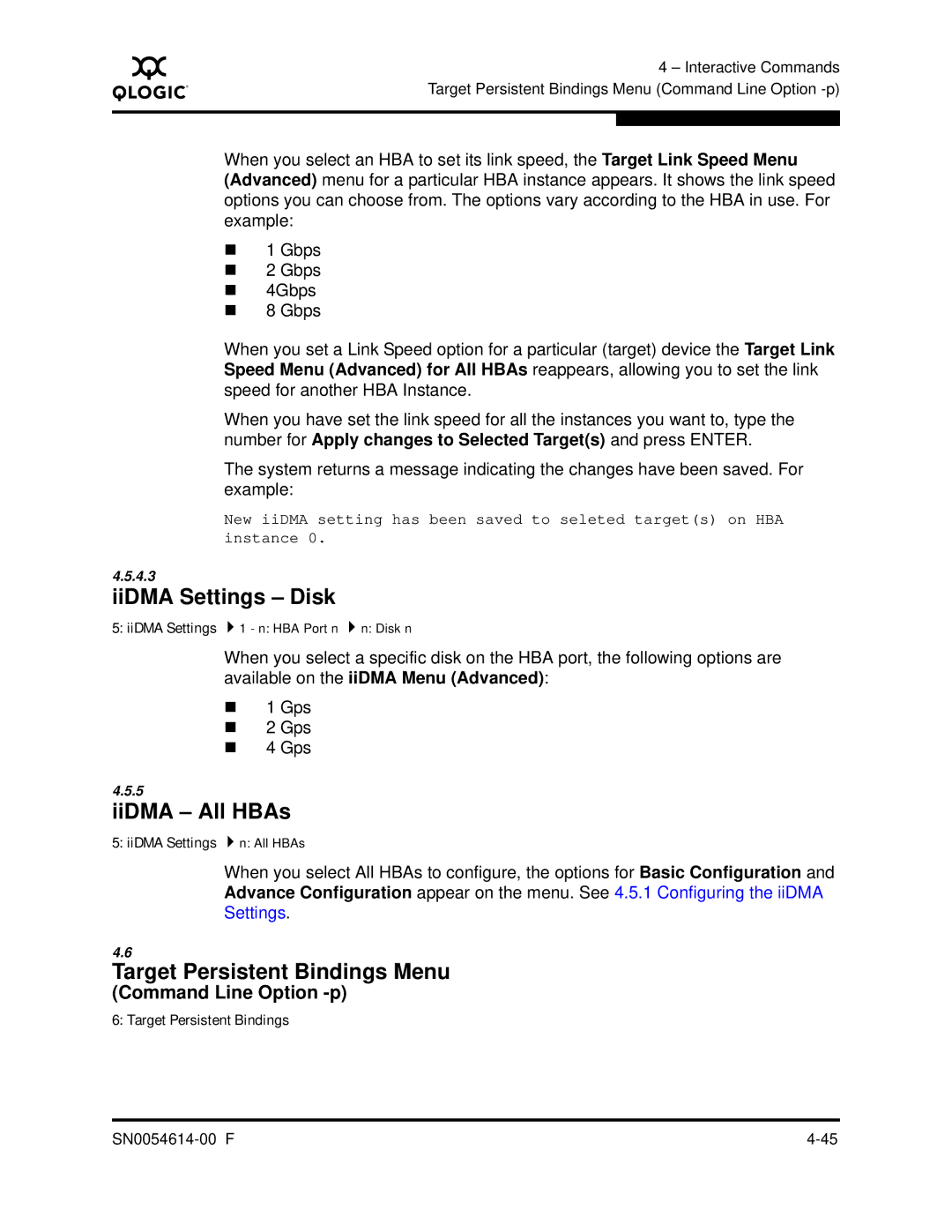 Q-Logic FC HBA CLI manual IiDMA Settings Disk, IiDMA All HBAs, Target Persistent Bindings Menu, Command Line Option -p 