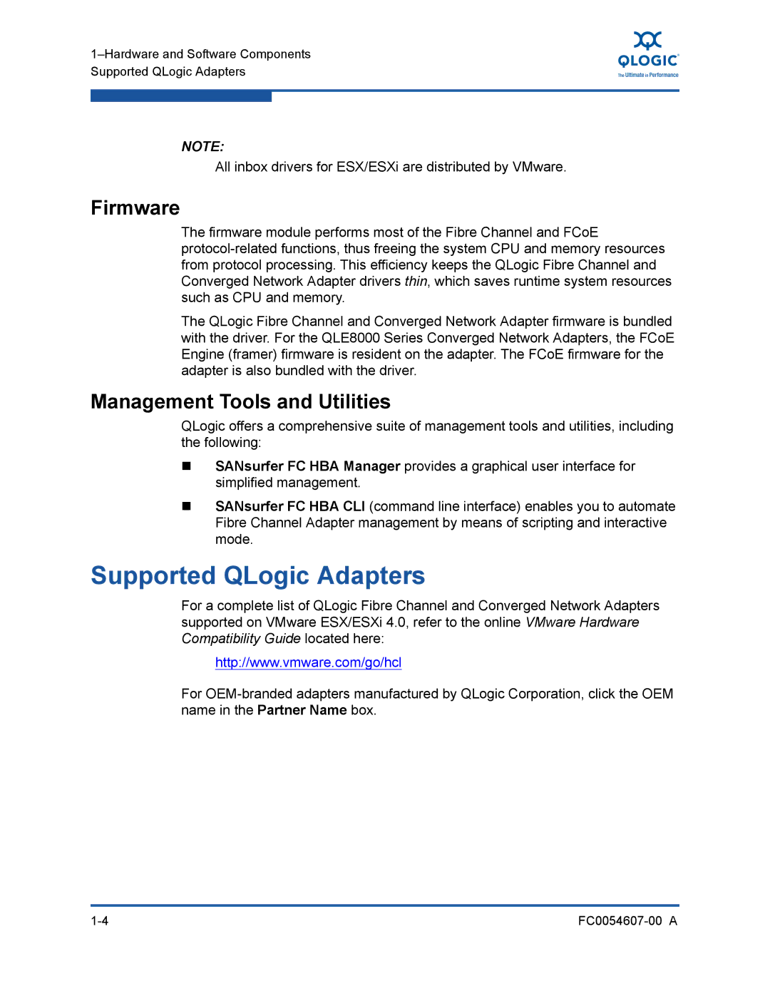 Q-Logic FC0054607-00 A manual Supported QLogic Adapters, Firmware, Management Tools and Utilities 