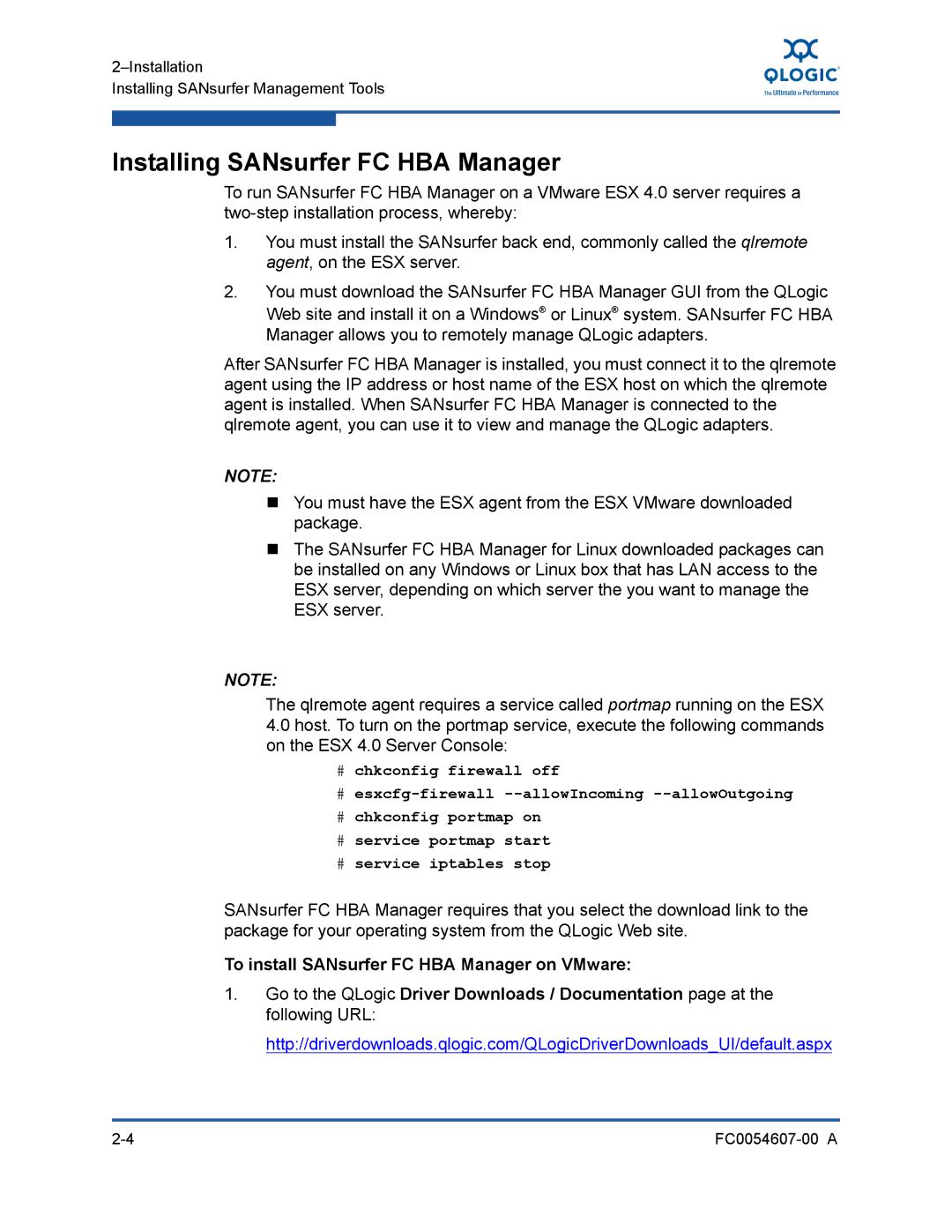 Q-Logic FC0054607-00 A manual Installing SANsurfer FC HBA Manager, To install SANsurfer FC HBA Manager on VMware 