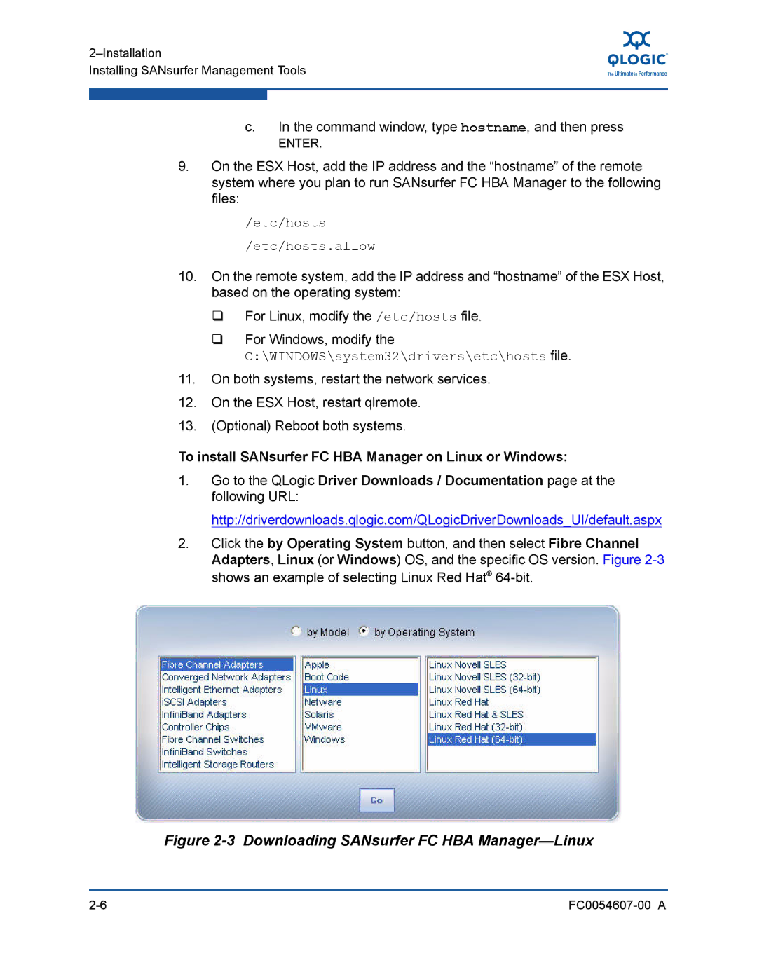 Q-Logic FC0054607-00 A manual Etc/hosts Etc/hosts.allow, To install SANsurfer FC HBA Manager on Linux or Windows 