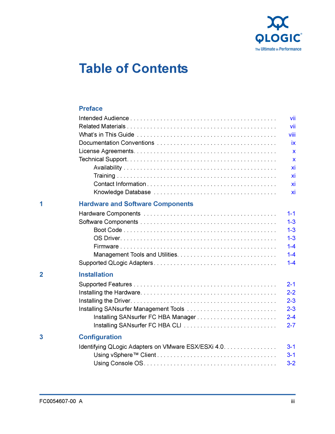 Q-Logic FC0054607-00 A manual Table of Contents 