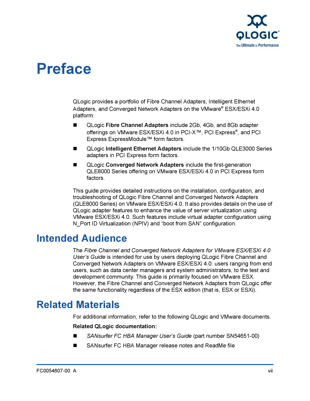 Q-Logic FC0054607-00 A manual Preface, Intended Audience, Related Materials, Related QLogic documentation 