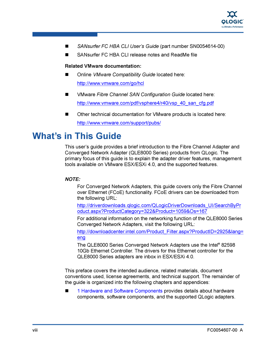 Q-Logic FC0054607-00 A manual What’s in This Guide, Related VMware documentation 