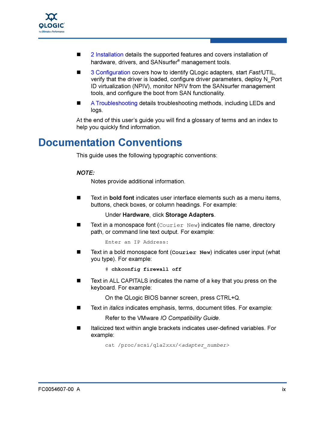 Q-Logic FC0054607-00 A manual Documentation Conventions, Under Hardware, click Storage Adapters 