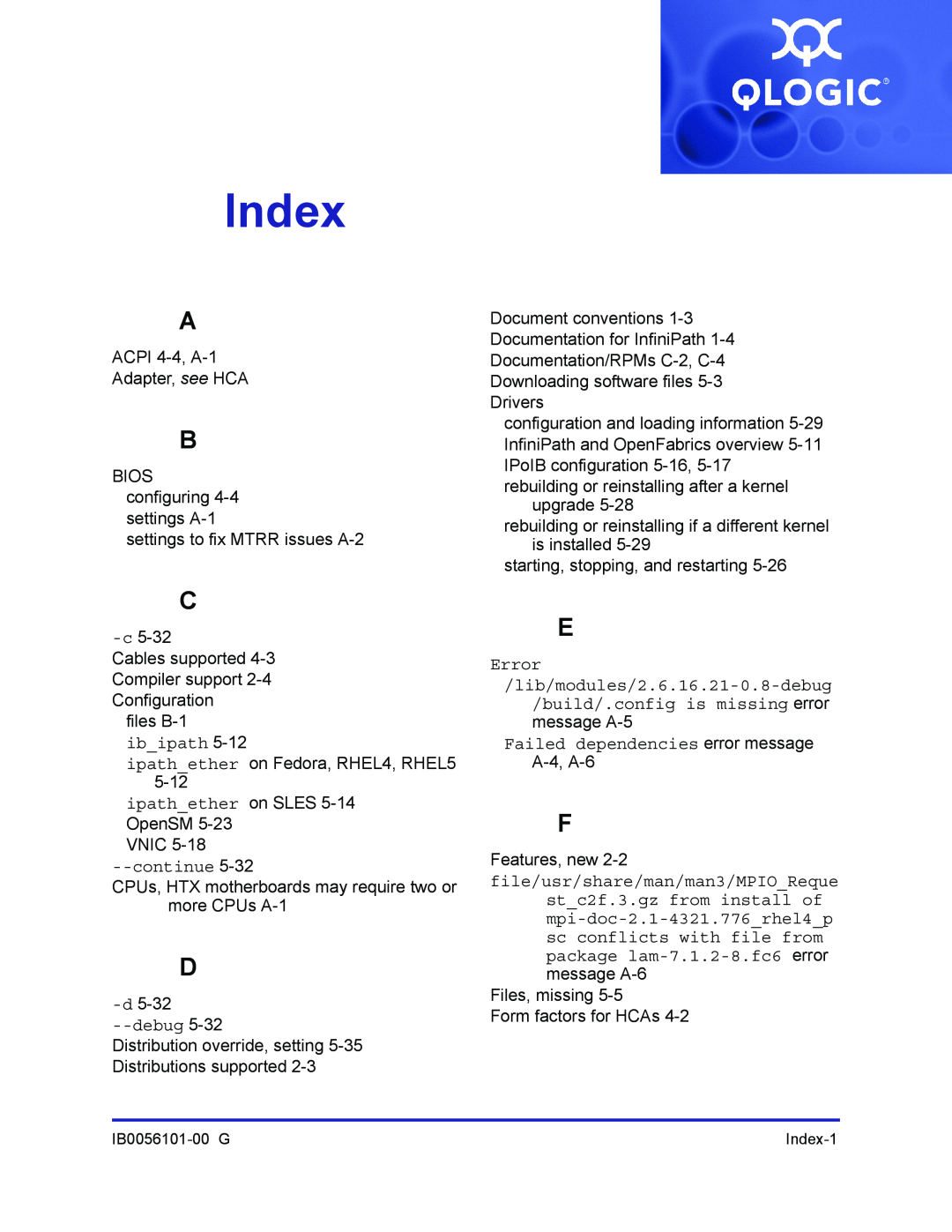 Q-Logic IB0056101-00 G manual Index 