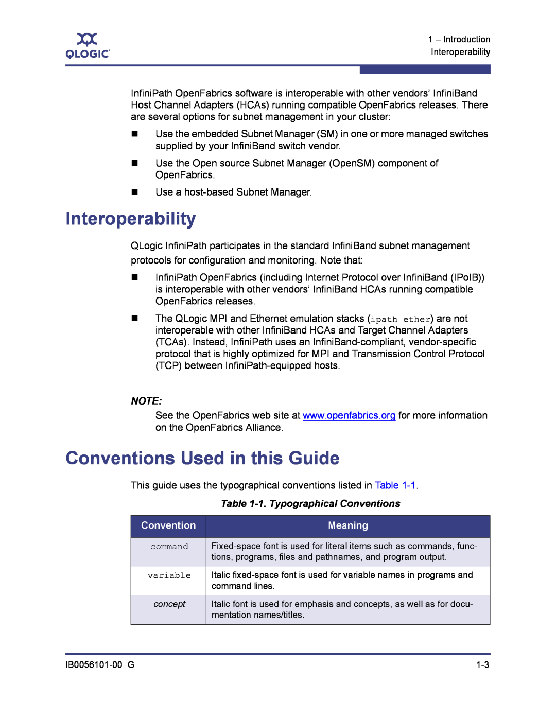 Q-Logic IB0056101-00 G manual Interoperability, Conventions Used in this Guide, 1. Typographical Conventions, Meaning 