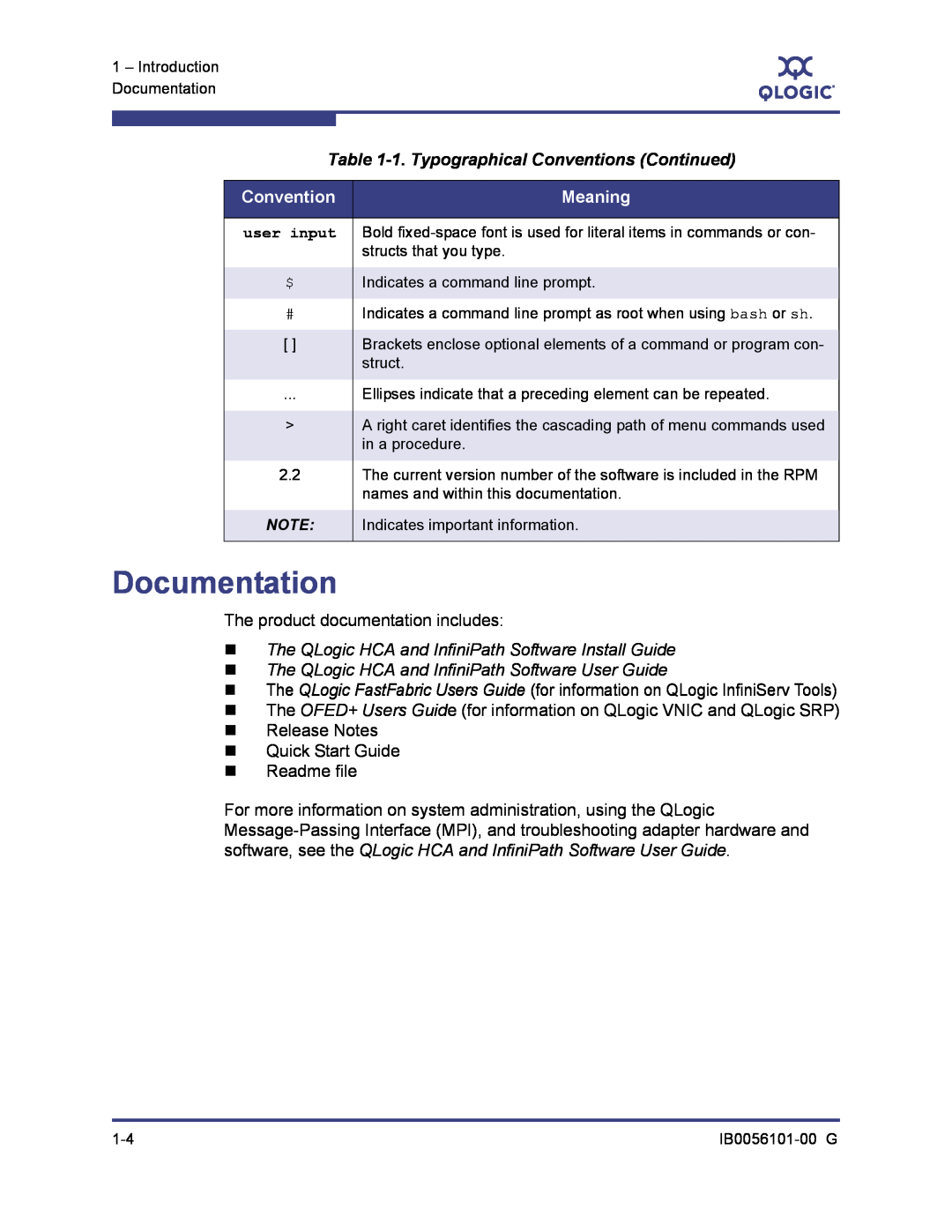 Q-Logic IB0056101-00 G manual Documentation, 1. Typographical Conventions Continued, Meaning 