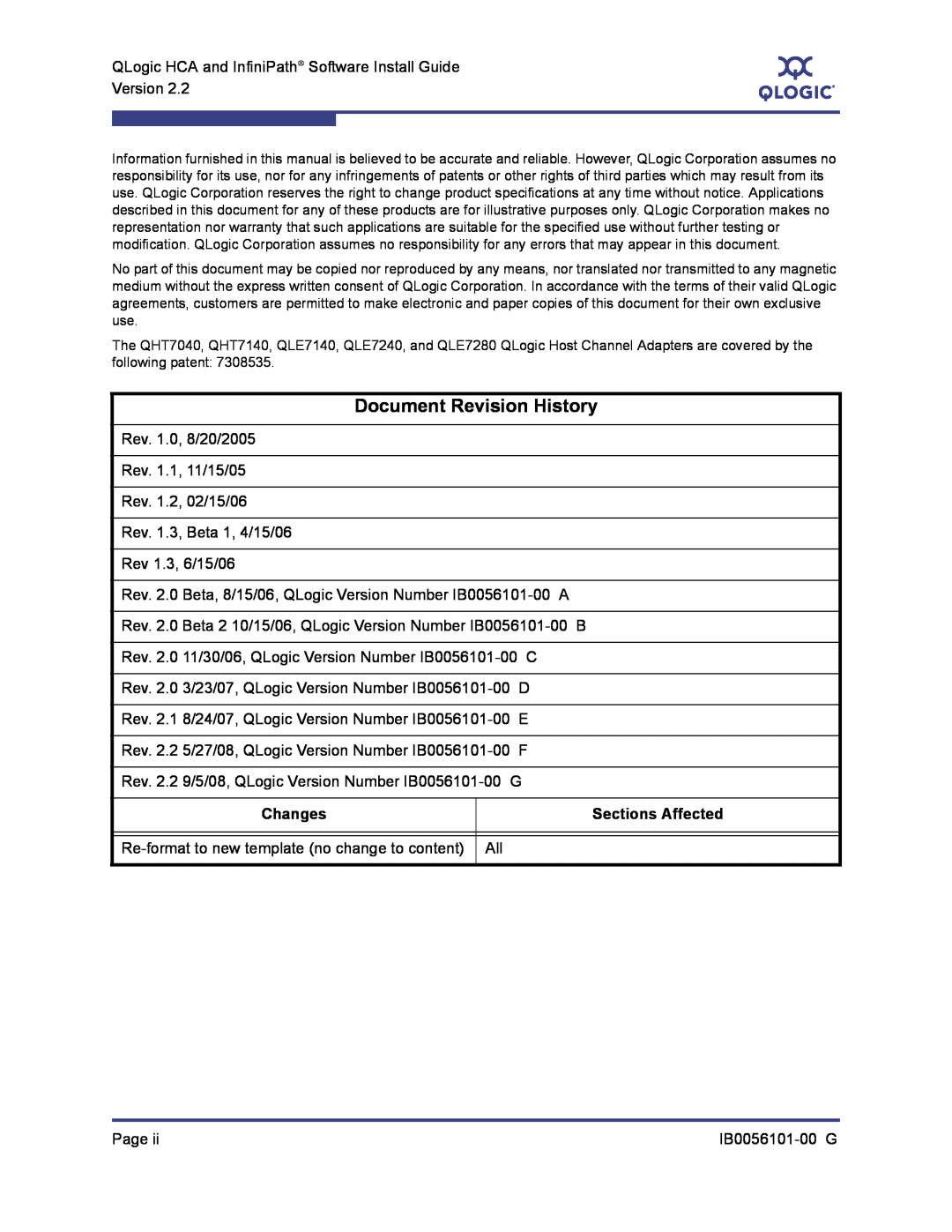 Q-Logic IB0056101-00 G manual Document Revision History, Changes, Sections Affected 