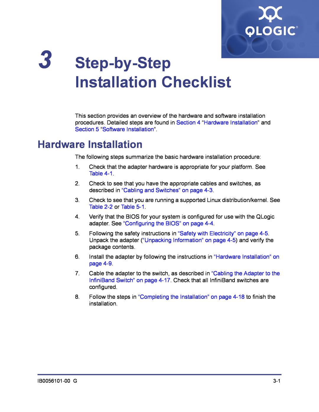 Q-Logic IB0056101-00 G manual Step-by-Step Installation Checklist, Hardware Installation 