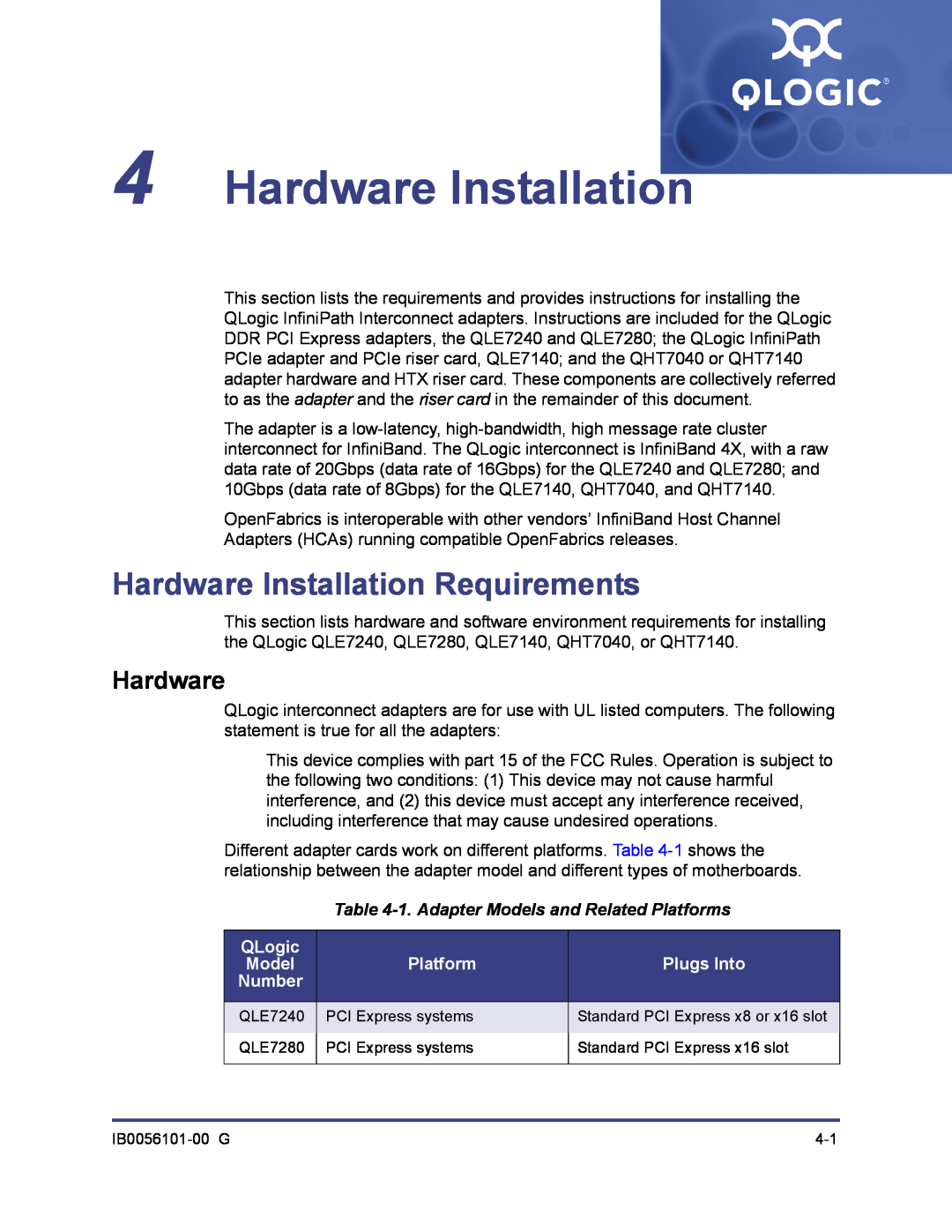 Q-Logic IB0056101-00 G Hardware Installation Requirements, 1. Adapter Models and Related Platforms, QLogic, Plugs Into 