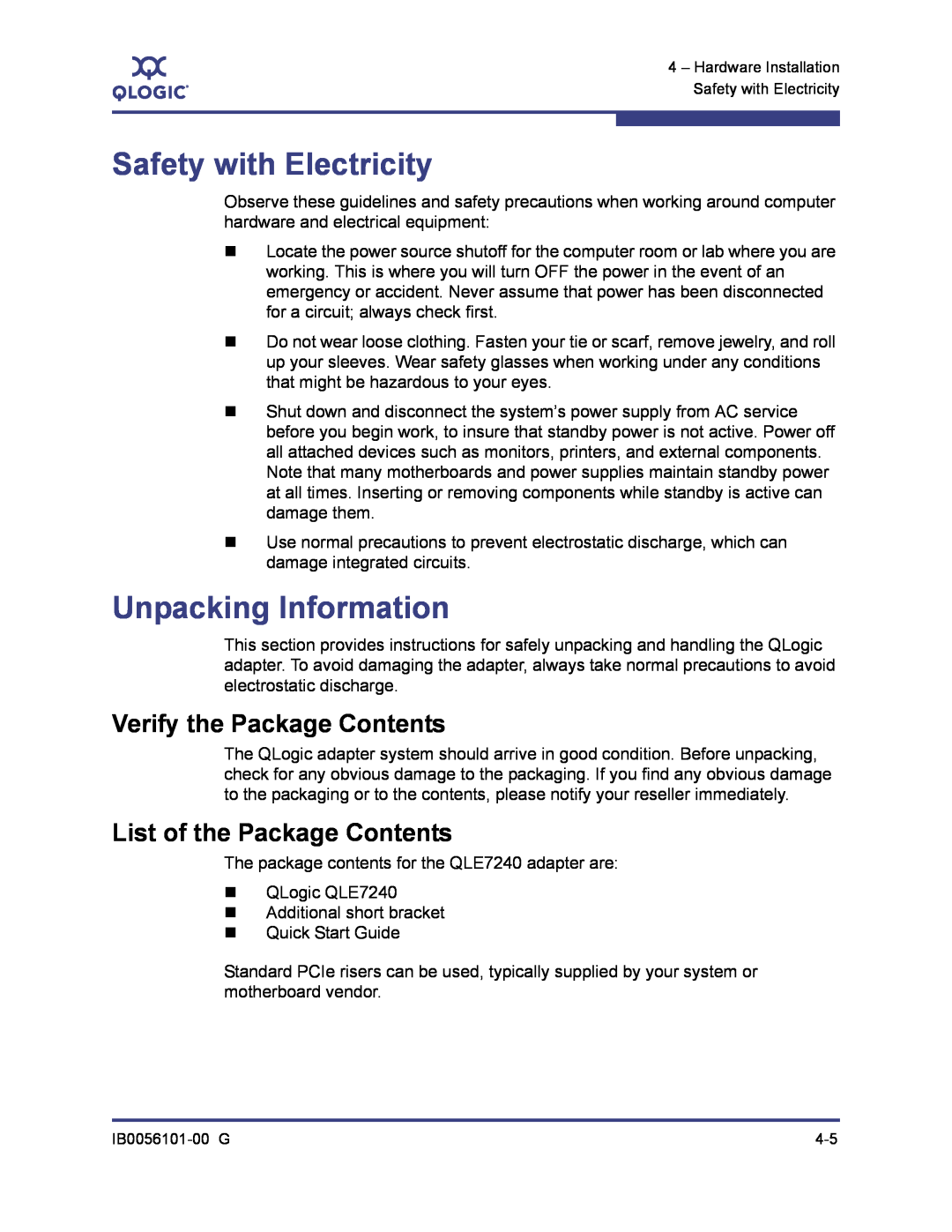 Q-Logic IB0056101-00 G manual Safety with Electricity, Unpacking Information, Verify the Package Contents 