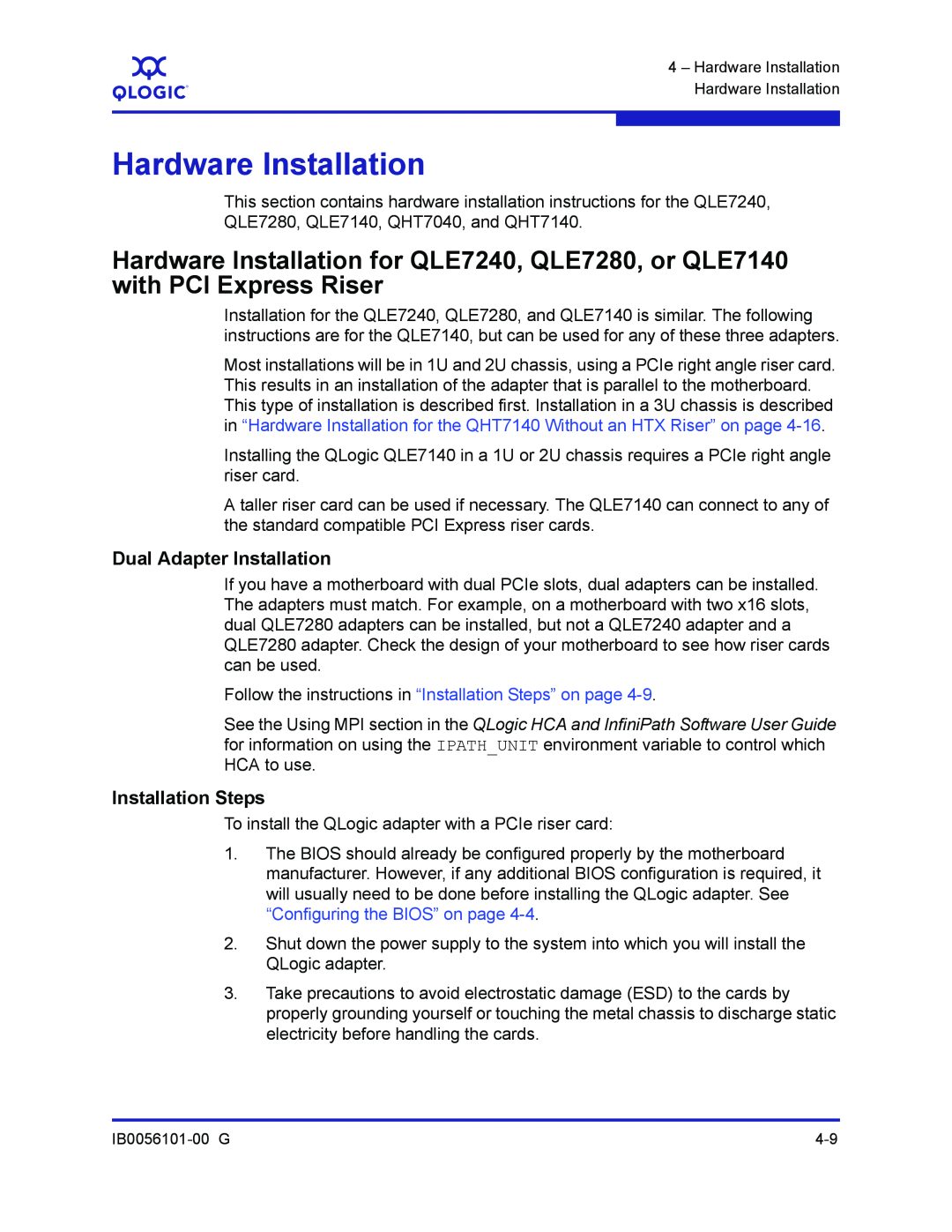 Q-Logic IB0056101-00 G manual Dual Adapter Installation, Installation Steps, Hardware Installation 