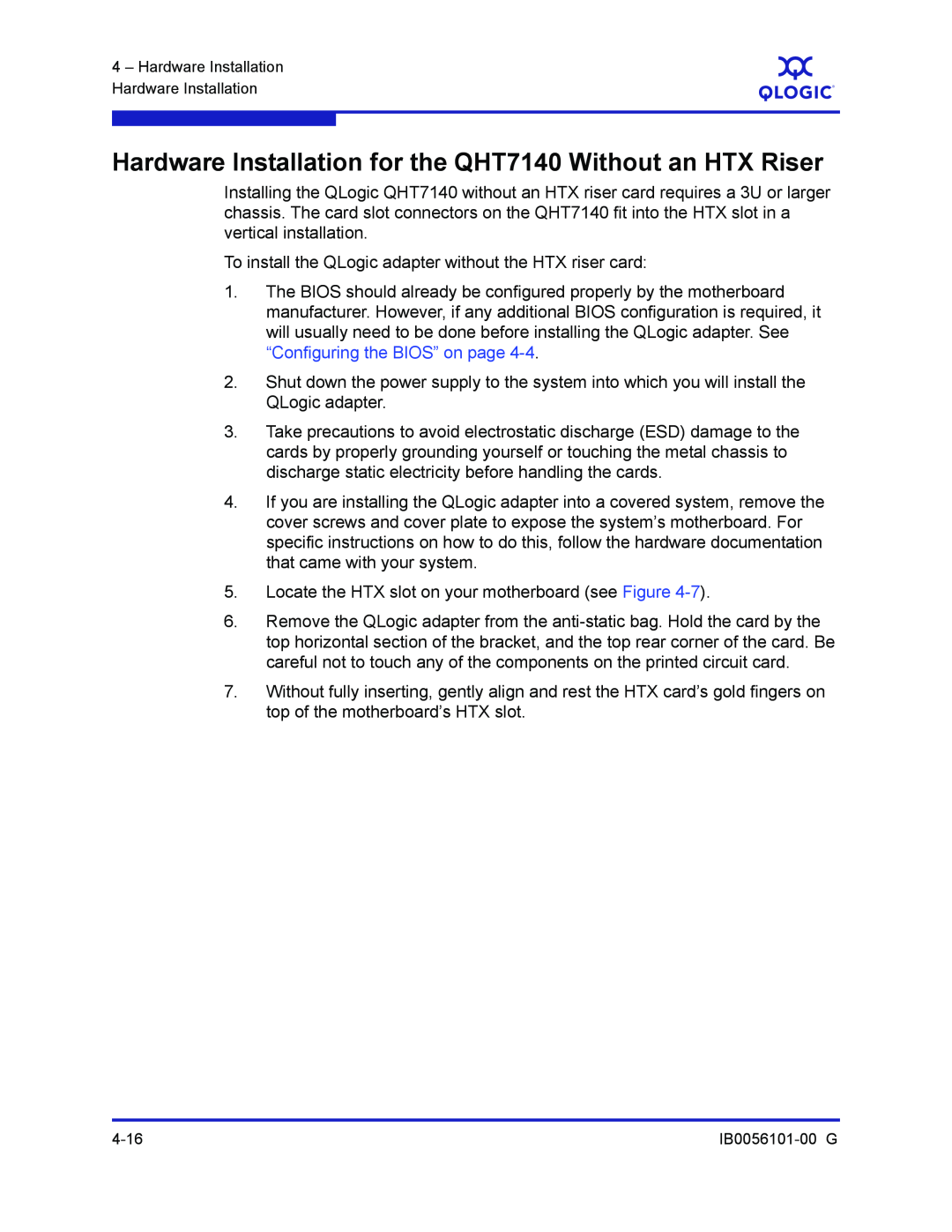 Q-Logic IB0056101-00 G manual Hardware Installation for the QHT7140 Without an HTX Riser 