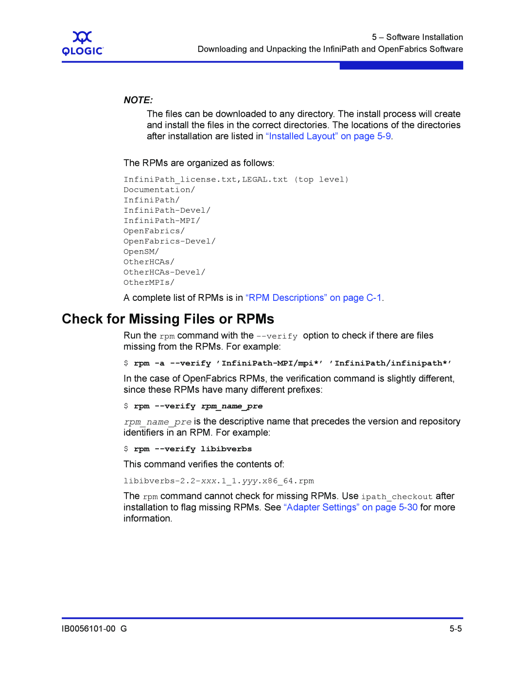 Q-Logic IB0056101-00 G manual Check for Missing Files or RPMs 