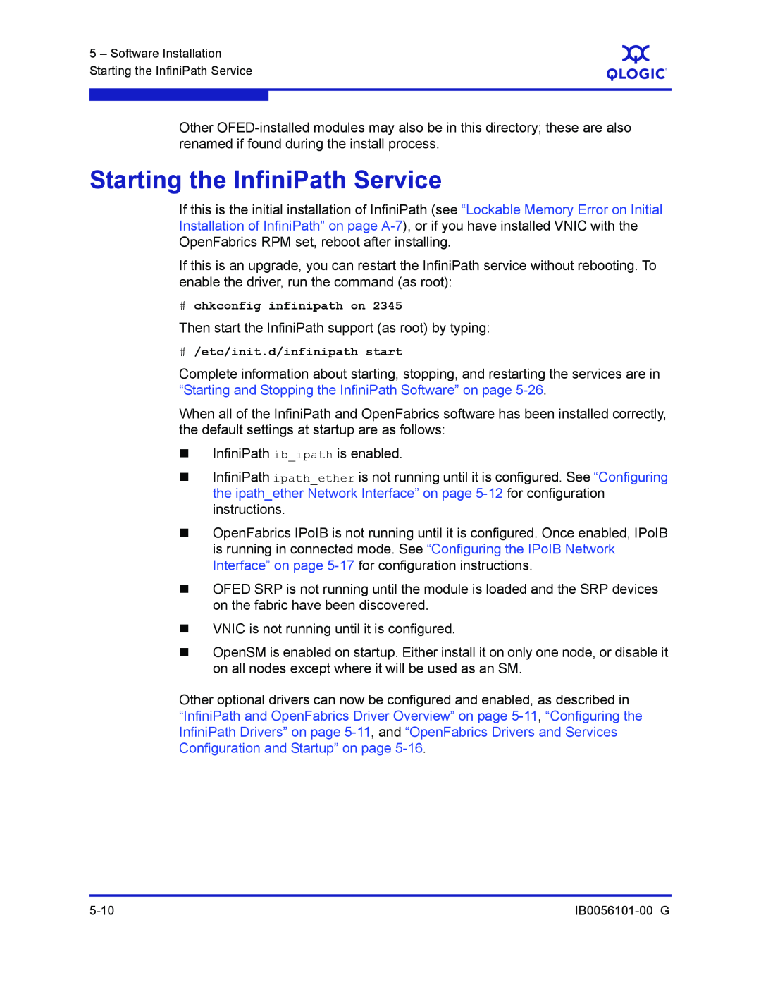 Q-Logic IB0056101-00 G manual Starting the InfiniPath Service 