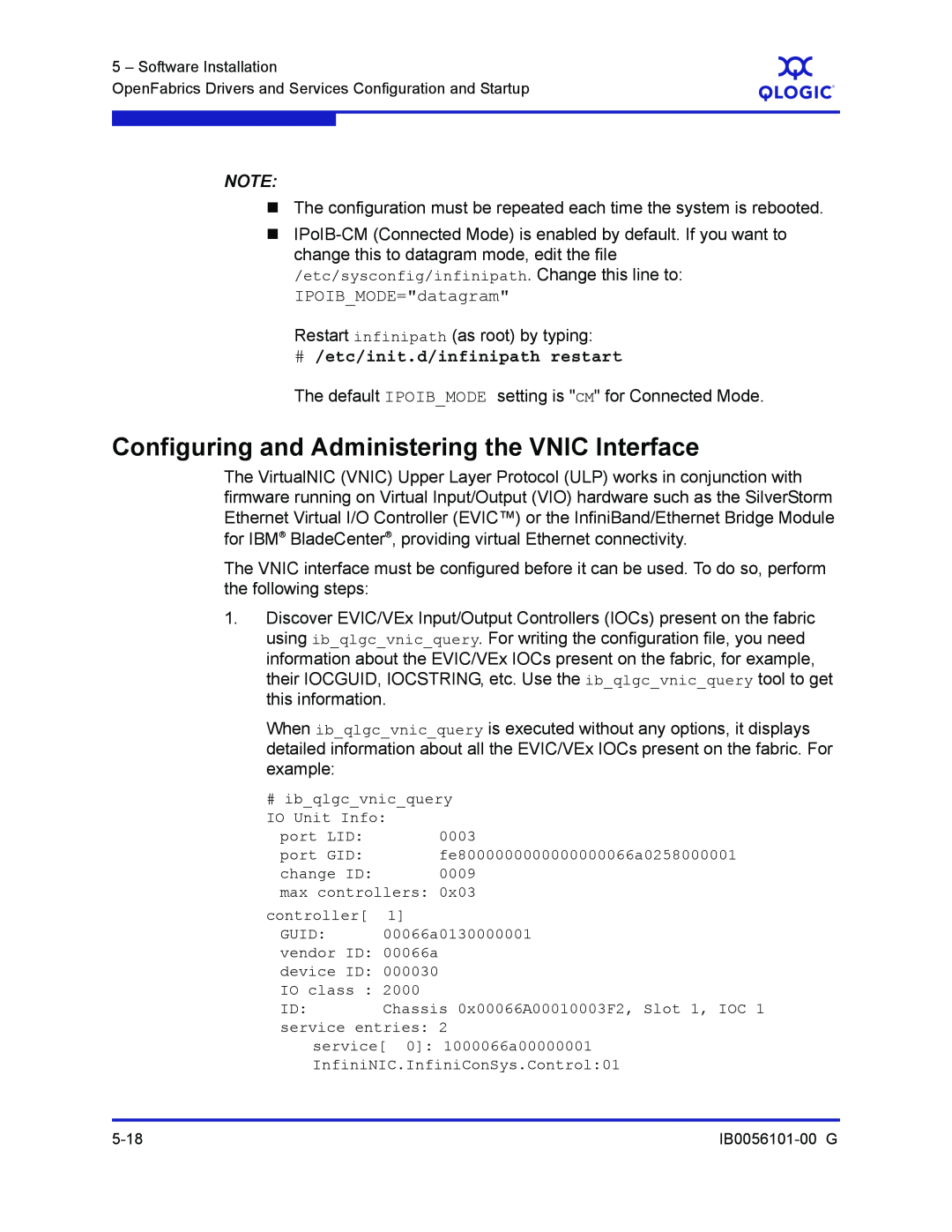 Q-Logic IB0056101-00 G manual Configuring and Administering the VNIC Interface, # /etc/init.d/infinipath restart 