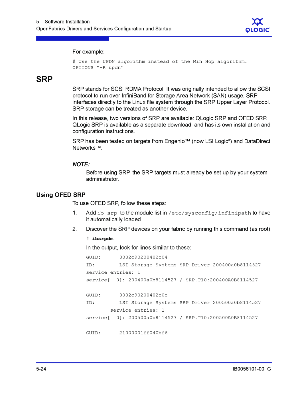 Q-Logic IB0056101-00 G manual Using OFED SRP 