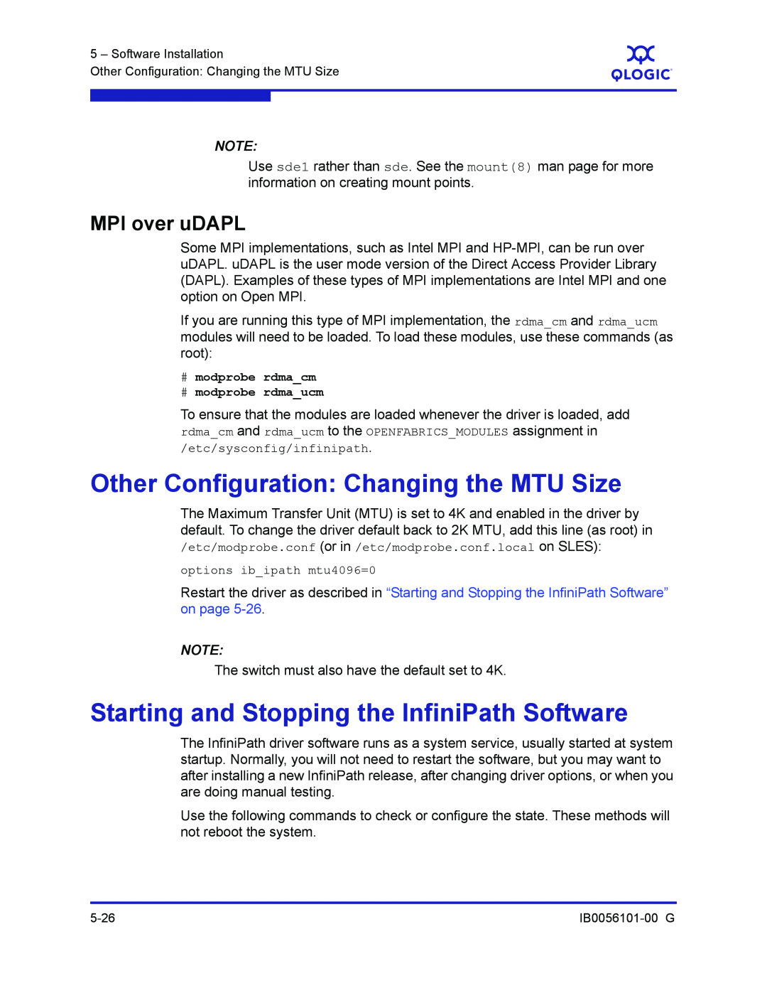 Q-Logic IB0056101-00 G manual Other Configuration Changing the MTU Size, Starting and Stopping the InfiniPath Software 