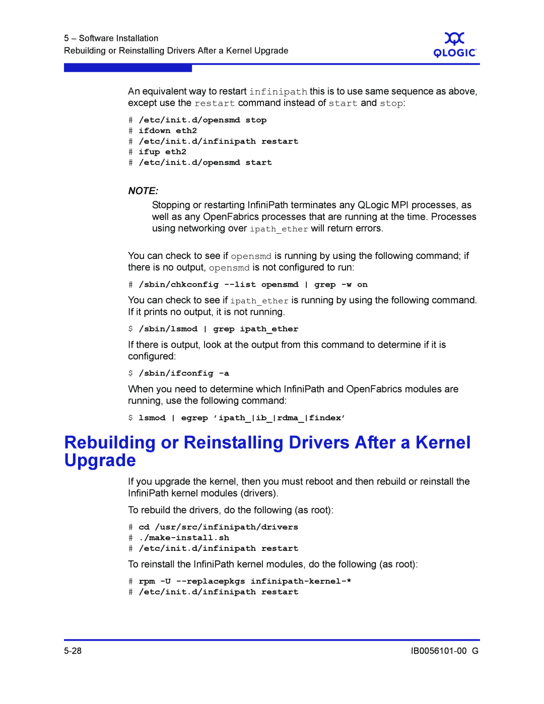 Q-Logic IB0056101-00 G manual Rebuilding or Reinstalling Drivers After a Kernel Upgrade 