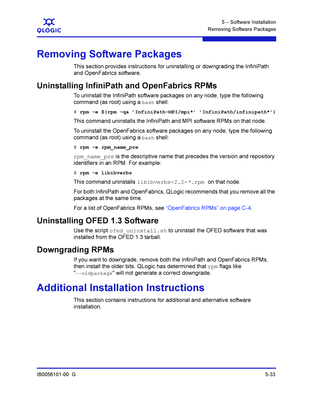 Q-Logic IB0056101-00 G Removing Software Packages, Additional Installation Instructions, Uninstalling OFED 1.3 Software 