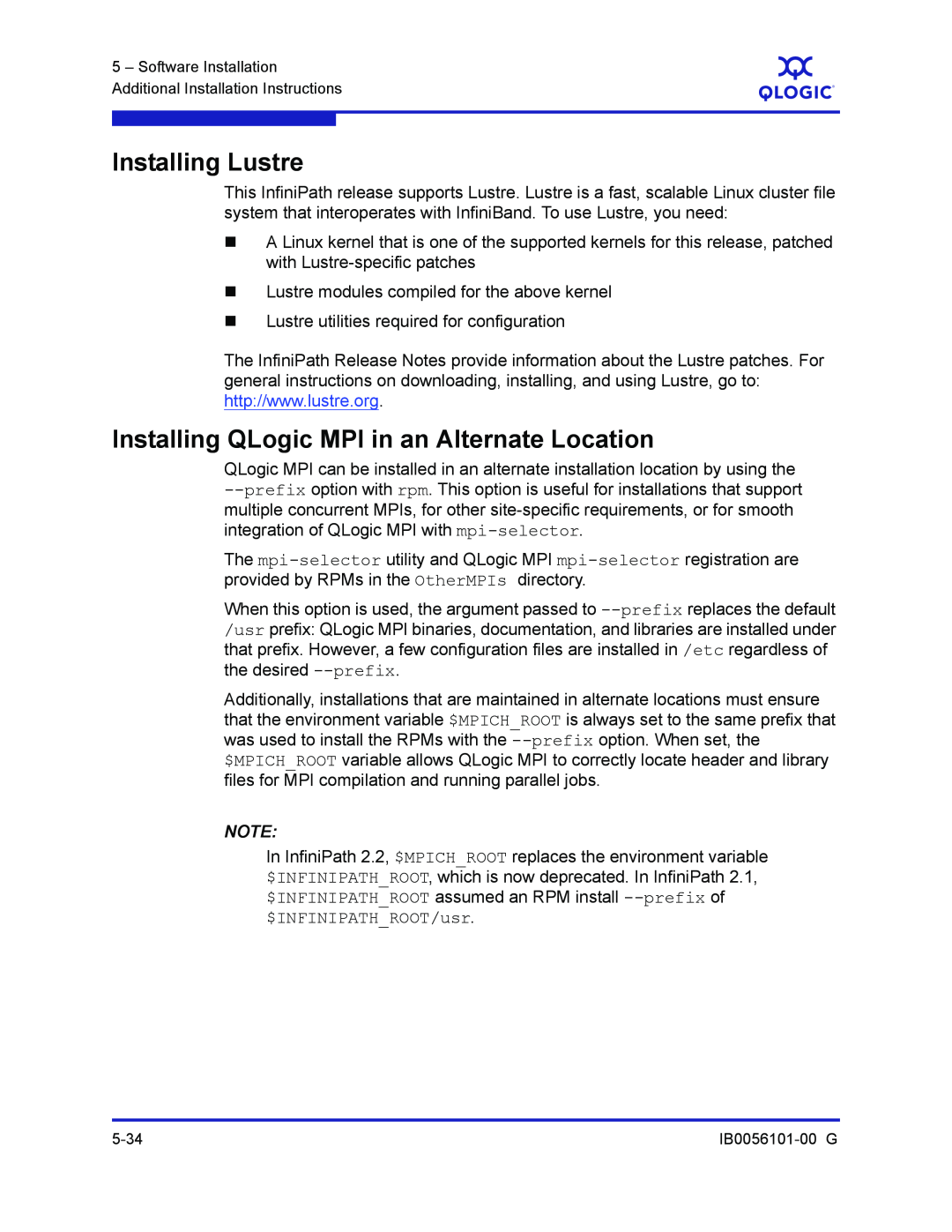Q-Logic IB0056101-00 G manual Installing Lustre, Installing QLogic MPI in an Alternate Location 
