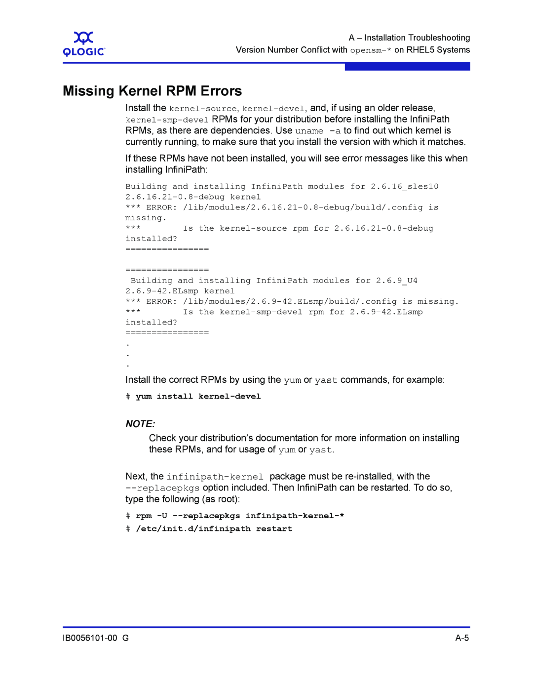 Q-Logic IB0056101-00 G manual Missing Kernel RPM Errors 