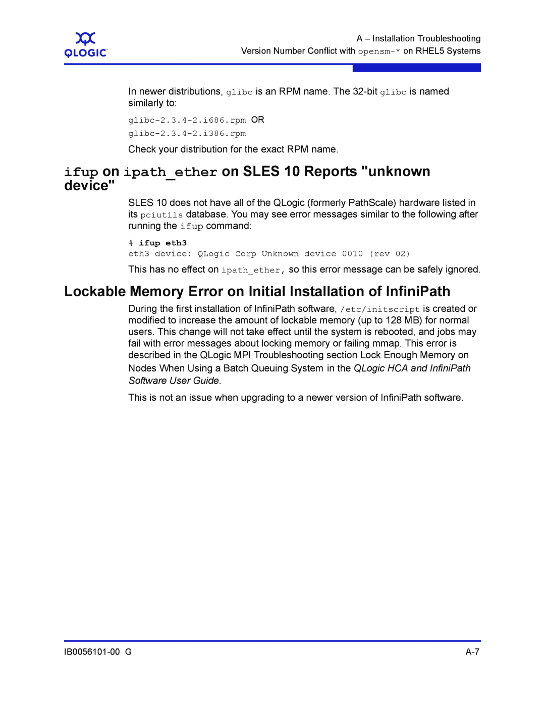 Q-Logic IB0056101-00 G manual ifup on ipathether on SLES 10 Reports unknown device, Software User Guide 
