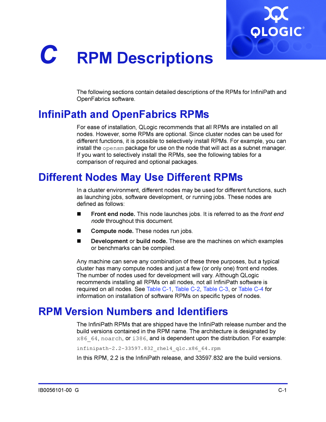 Q-Logic IB0056101-00 G manual C RPM Descriptions, InfiniPath and OpenFabrics RPMs, Different Nodes May Use Different RPMs 