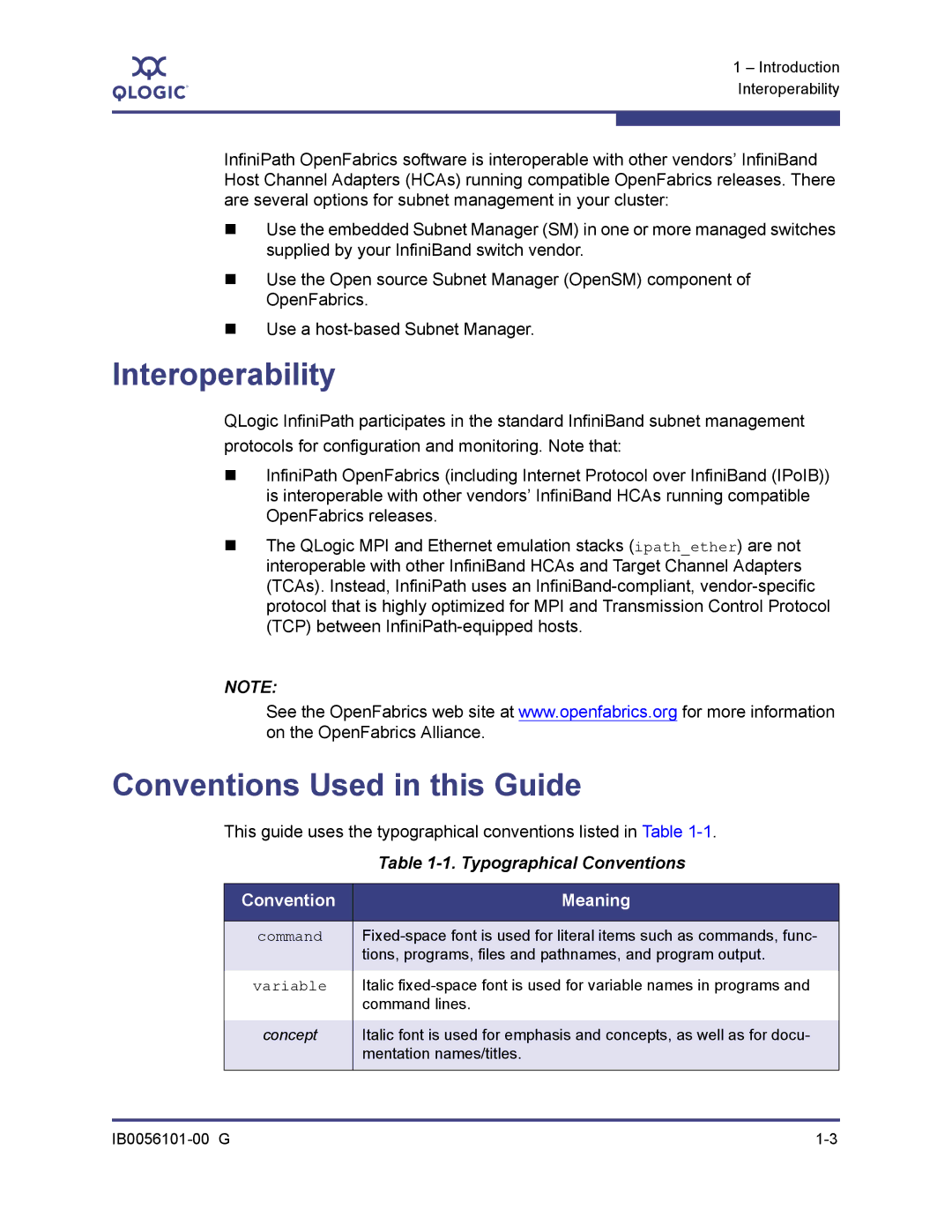 Q-Logic IB0056101-00 G Interoperability, Conventions Used in this Guide, Typographical Conventions, Convention Meaning 