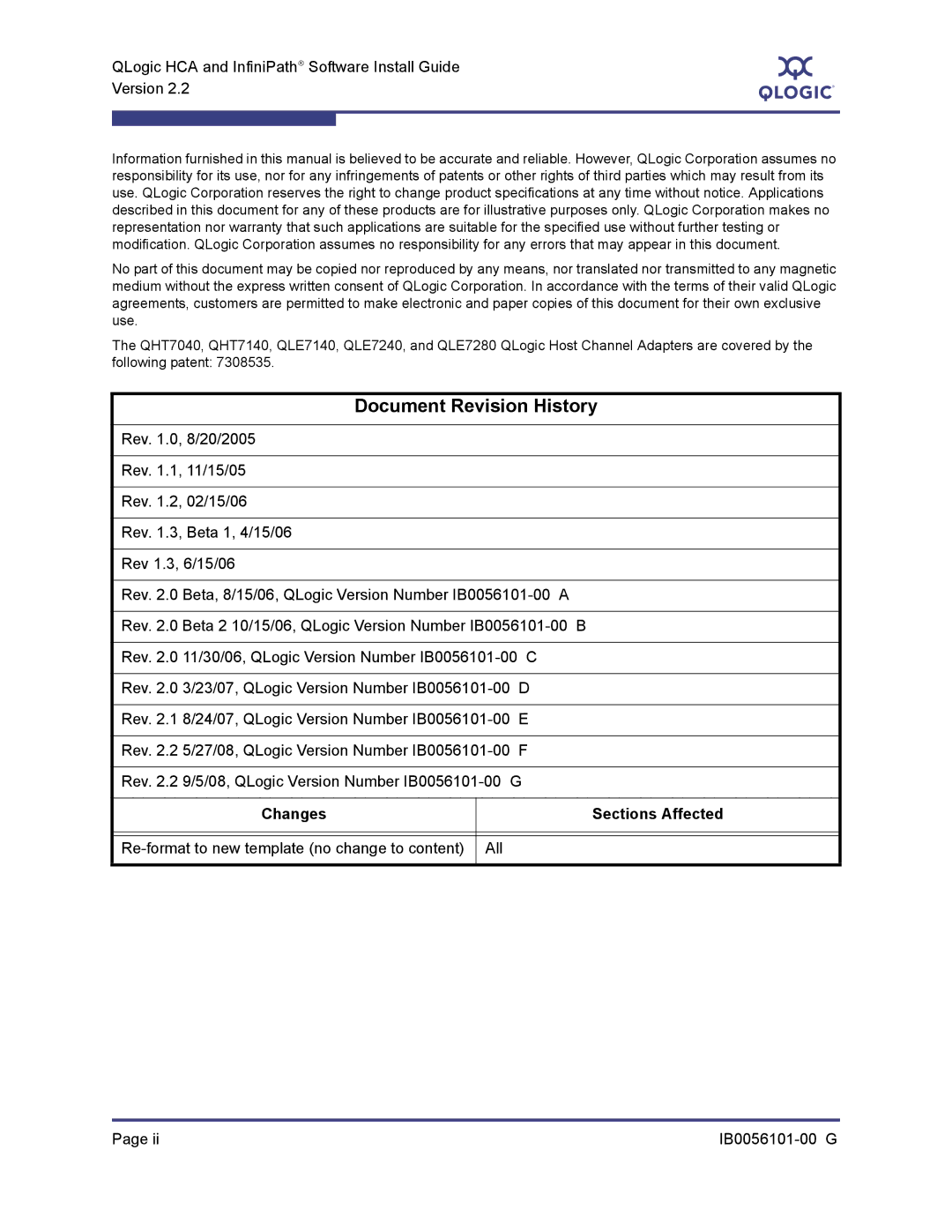 Q-Logic IB0056101-00 G manual Document Revision History, QLogic HCA and InfiniPath→ Software Install Guide Version 