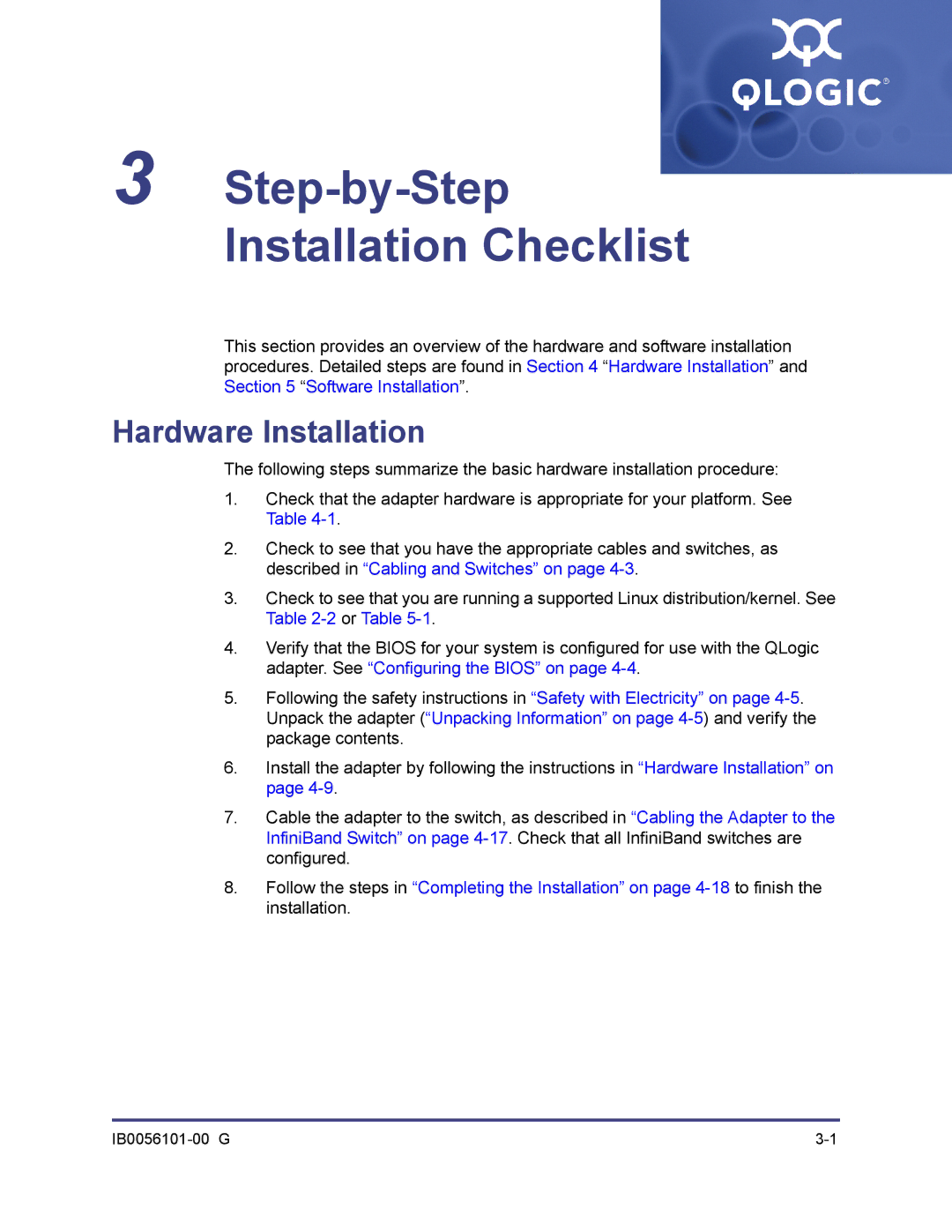 Q-Logic IB0056101-00 G manual Step-by-Step Installation Checklist, Hardware Installation 