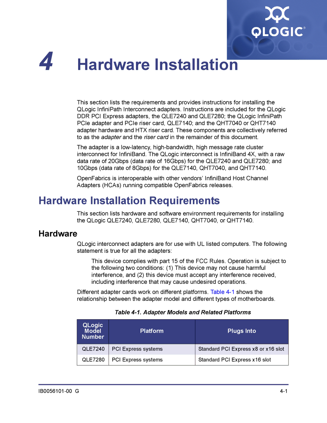 Q-Logic IB0056101-00 G manual Hardware Installation Requirements, Adapter Models and Related Platforms 