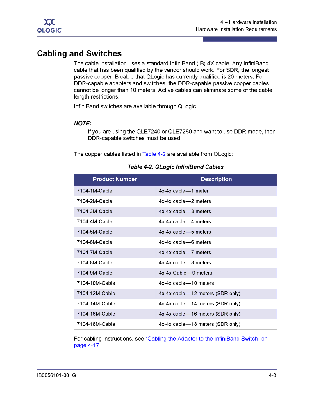 Q-Logic IB0056101-00 G manual Cabling and Switches, QLogic InfiniBand Cables, Product Number Description 