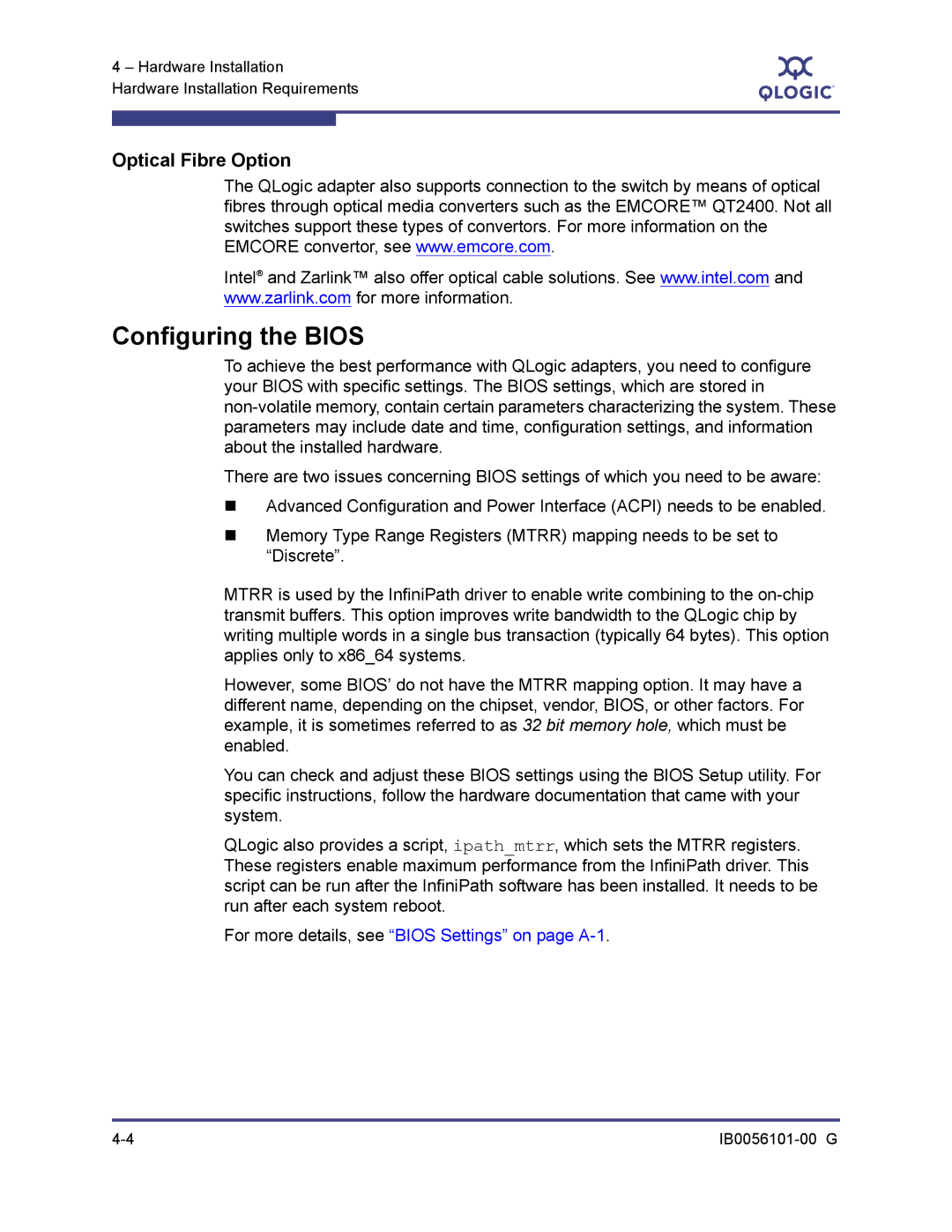 Q-Logic IB0056101-00 G manual Configuring the Bios, Optical Fibre Option 