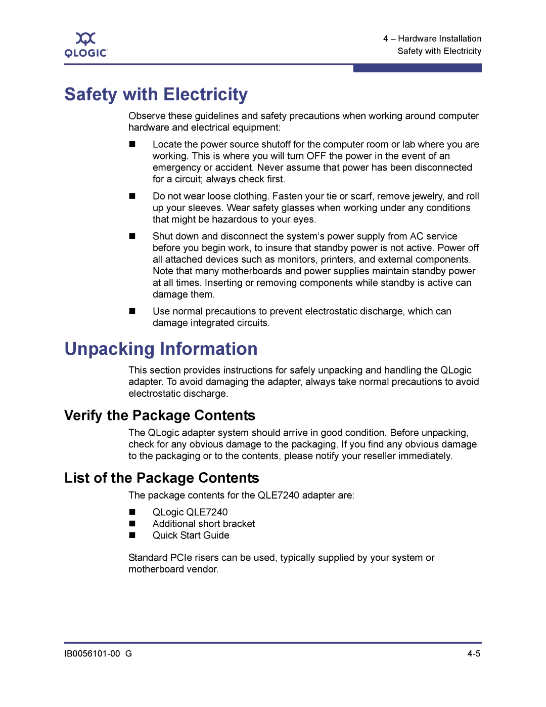 Q-Logic IB0056101-00 G manual Safety with Electricity, Unpacking Information, Verify the Package Contents 