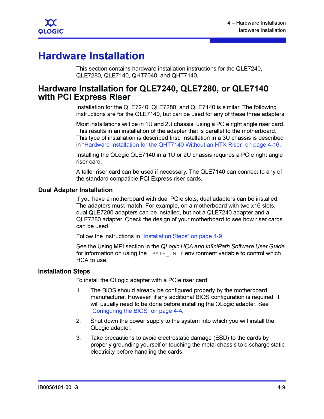 Q-Logic IB0056101-00 G manual Dual Adapter Installation, Installation Steps 